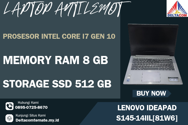 LENOVO IDEAPAD S145-14IIL[81W6], TYPE BARU BODY SLIM, PROSESOR INTEL CORE I7 GEN 10 RAM 8 GB STORAGE SSD 512 GB DISPLAY 14 INCH MULUS , WARNAH SILVER